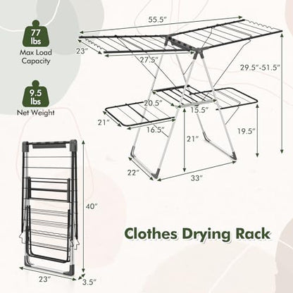 Tangkula Laundry Drying Rack, Foldable Clothes Drying Rack with Height Adjustable Wings, 33 Drying Rails & Sock Clips, Freestanding Gullwing Garment Stand for Indoor & Outdoor Use (Sliver+Grey) - color: Sliver+grey
