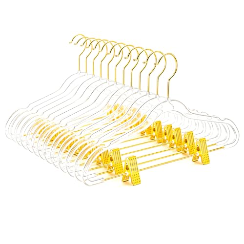 MIZGI Slim Clear Gold Pants & Skirt Hangers (20 Pack) – Adjustable Clips & Hooks, Transparent Non-Felt, Space-Saving for Dresses, Shirts, Blouses - color: Clear/Gold, size: 20-Pack