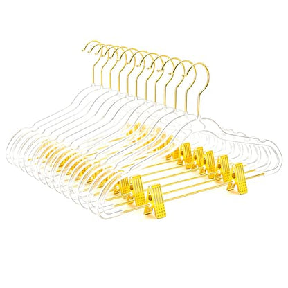 MIZGI Slim Clear Gold Pants & Skirt Hangers (20 Pack) – Adjustable Clips & Hooks, Transparent Non-Felt, Space-Saving for Dresses, Shirts, Blouses - color: Clear/Gold, size: 20-Pack