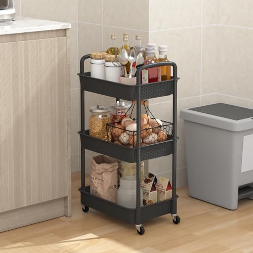 MOYIPIN 3-Tier Plastic Rolling Utility Cart with Handle,Black - color: Black, size: 3-Tiers without cups