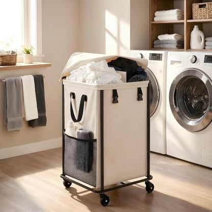 150L Laundry Basket with Wheels and Lid, Large Rolling Laundry Hamper with Removable Divider, Double Compartment Clothes Hamper, Metal Frame, White