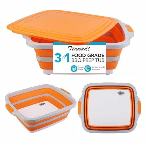 Collapsible Cutting Board with Container, Foldable Camping Sink with Colander, BBQ Prep Tub with Lid, Multifunction Dish Basin for Kitchen, Bowl, Vegetable and Fruit, 2.11 Gal/8L Storage Basket - color: Orange, size: 15.7"L x 12.8"W