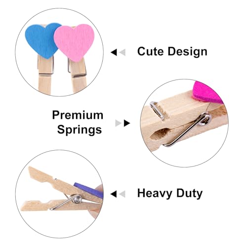 jijAcraft Clothespins with String - 50Pcs Mini Wooden Clothes Pins with Heart, 10Colors Heart Clips, 1.4Inch Small Photo Craft Clip for Baby Shower, Wedding, Birthday - color: 10colors