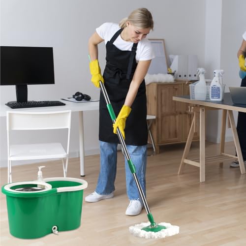 Spin Mop and Bucket with Wringer Set, 3 Microfiber Mop Heads, 61" Handle - color: Green