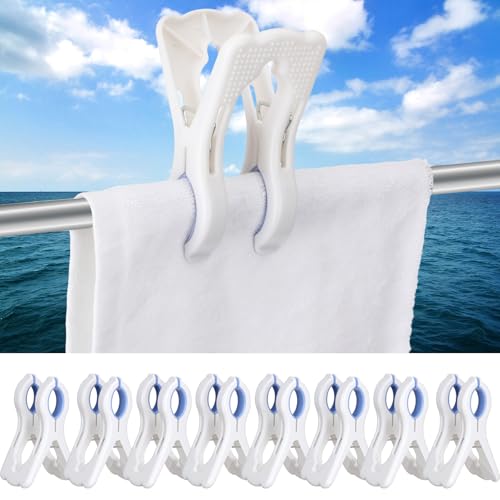 Hushee 8 Pack Marine Boat Rail Towel Clips Storm Proof Large Clips Pontoon Boat Towel Organizer Multi-Purpose Outdoor Laundry for Beach Pontoon Fishing Cruise Travel (Blue White,Double-Claw) - color: Blue White, style: Double-claw