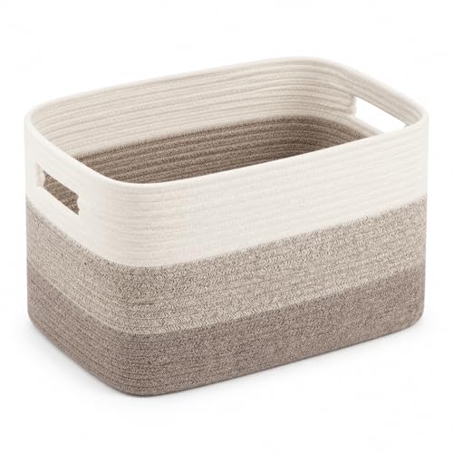 Cotton Rope Laundry Basket Small, 12.8GAL Collapsible Woven Storage Baskets for Living Room Kids Toys Stuffed Animal,Boho Rectangular Decorative Short Hamper for Dirty Clothes Blankets Gradient Brown - color: GradientBrown, size: 12.8GAL