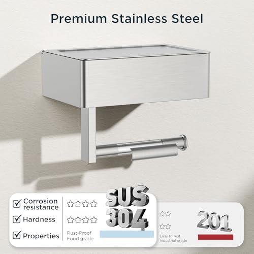 FORIOUS Toilet Paper Holder with Shelf, Wall-Mounted Modern Wipes Dispenser - color: Stainless Steel, size: Big 1 Pack-8" (L)