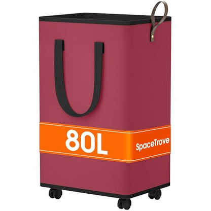 SpaceTrove Rolling Laundry Basket with Wheels, Laundry Hamper, 80L, Red - color: Red, size: 80L