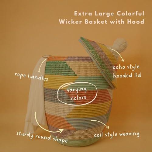 Decorative Colorful Hamper for Laundry, Handwoven in Senegal, Extra Large, 20" Wide, 26" Tall - size: Extra Large