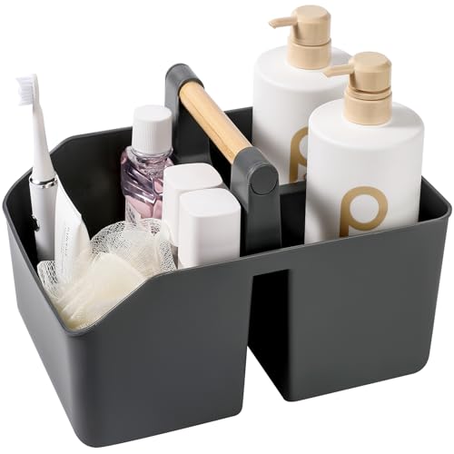 Plastic Shower Caddy, Portable Basket with Bamboo Handle, Dark Gray - color: Dark Gray