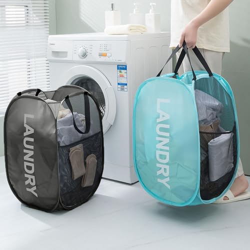 Mesh Pop Up Laundry Hampers, Collapsible Laundry Baskets Portable Clothes Hampers for Home, Dorm Room, Laundry Room, Cruise (Black + Blue) - color: Black + Blue