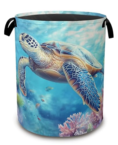 Sea Turtle Laundry Hamper,Collapsible Laundry Baskets,Colorful Coral Dirty Clothes Baskets with Handles,Oxford Cloth Hamper for Bedroom,Bathroom,College Dorms, 16"x20" - color: Sea Turtle,Colorful Coral