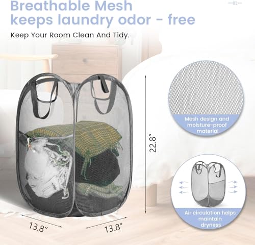 HOUSE AGAIN 2Pack Strong Mesh Pop Up Laundry Hamper, 70L Collapsible Laundry Basket with Steel Frame, Double‑Stitched Handles & Side Pocket, Foldable Dirty Clothes Hamper for Dorm, Bedroom, Grey - color: Gray, size: 2-Pack