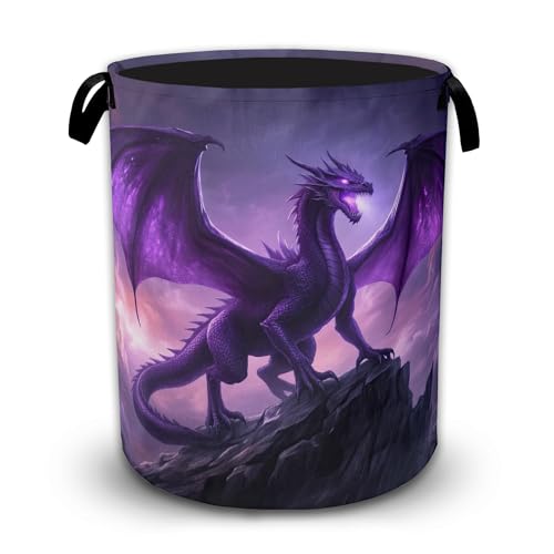 Magical Dragon Laundry Basket with Handles, Waterproof Foldable Laundry Hamper, Large Capacity Oxford Cloth Clothes Storage Basket for Bathroom Bedroom Dorm - color: Magical Purple Dragon