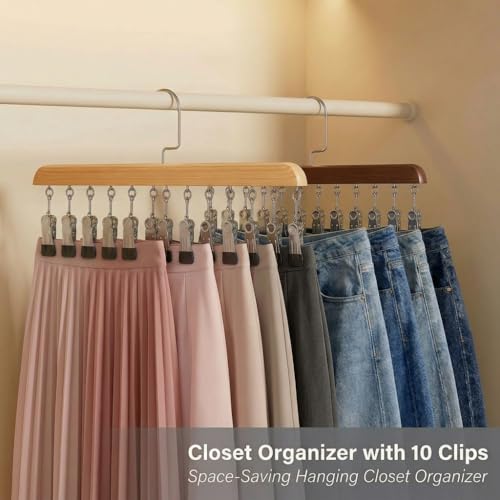 Closet Organizer with 10 Clips, 2PCS Space Saving Hanging Closet Organizer, Space-Saving Hat Scarf Clothespins for Jeans Skirts Socks Leggings Wooden Pant Hangers with Clips(Wood) - color: 2pc-light Wood