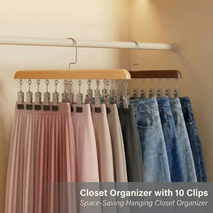 Closet Organizer with 10 Clips, 2PCS Space Saving Hanging Closet Organizer, Space-Saving Hat Scarf Clothespins for Jeans Skirts Socks Leggings Wooden Pant Hangers with Clips(Wood) - color: 2pc-light Wood