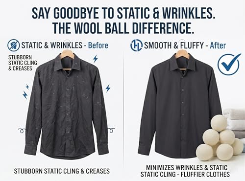 XL Wool Dryer Balls (6-Pack) - 100% Organic New Zealand Wool Laundry Balls for Dryer - Natural Fabric Softener & Reusable Anti Static Solution to Reduce Wrinkles & Shorten Drying Time