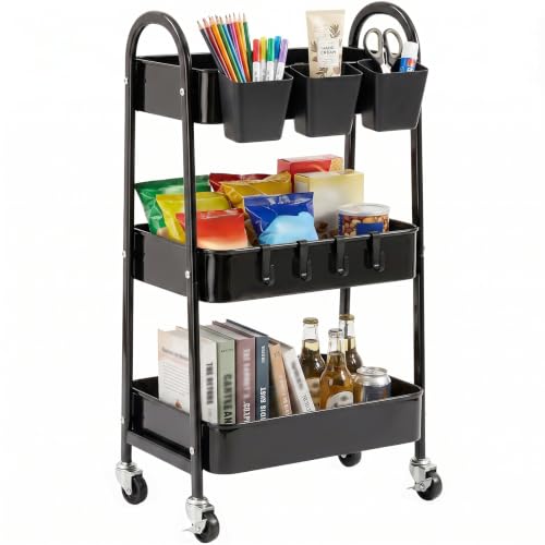 danpinera 3-Tier Rolling Cart, Utility Cart Mobile Metal Rolling Storage Cart with Lockable Wheels & Hanging Cups & Hooks for Kitchen, Bathroom, Office, Workshop, Black - color: Black, size: 3 tier