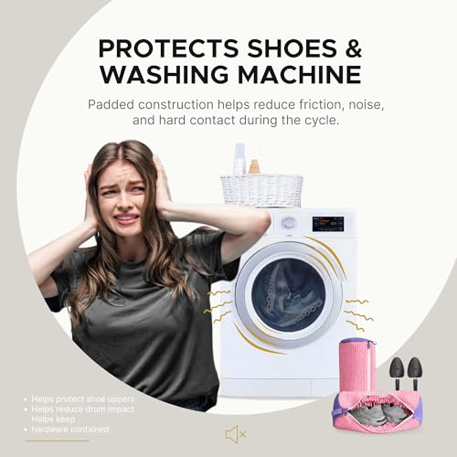 Shoe Washing Machine Bag (2 Pack), Shoe Bag for Washing Machine with Microfiber Scrub Fibers, Self-Locking Zipper Protection, 2 Adjustable Shoe Trees, Sneaker Laundry Bag for Washer and Dryer