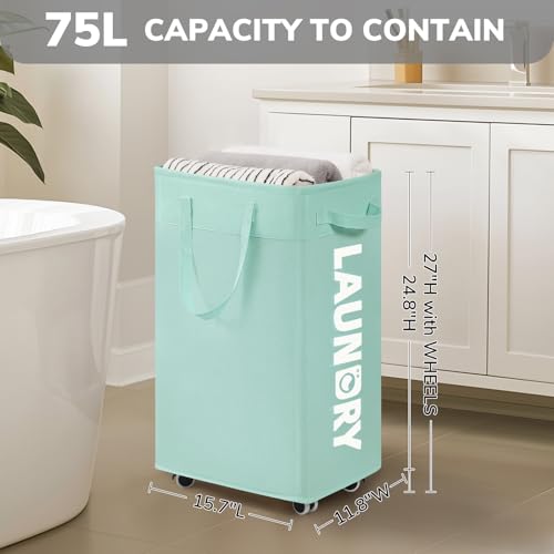 Goodpick 2-Pack Rolling Laundry Basket with Removable Wash Bag, 75L - color: Blue 2-Pack