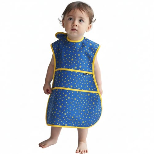 Plie Full Coverage Waterproof Feeding Bib for Toddlers – Extra Long Apron Bib for Mealtime, Self-Feeding, High Chairn - color: Blue/Star
