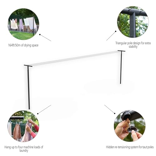 Brabantia Hangout Clothesline with Aluminium Poles 164ft/50m (Black), Washing Line for Outdoor Use, Clothing Line for Airing Laundry