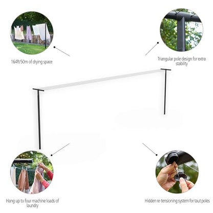 Brabantia Hangout Clothesline with Aluminium Poles 164ft/50m (Black), Washing Line for Outdoor Use, Clothing Line for Airing Laundry