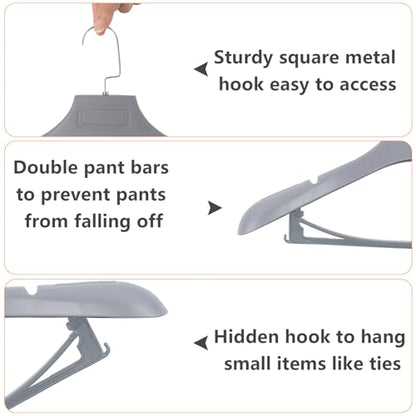 DEDU Suit Hangers for Men 10 Pack, Grey Coat Hangers Extra Wide Non Slip Width 17.7", Thick Plastic with Pants Bar & Metal Hook - color: Gray, size: 10 Pack