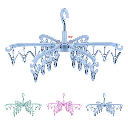 Clothes Sock Drying Hanger with 24 Clips,Foldable Hanging Rack - color: Blue