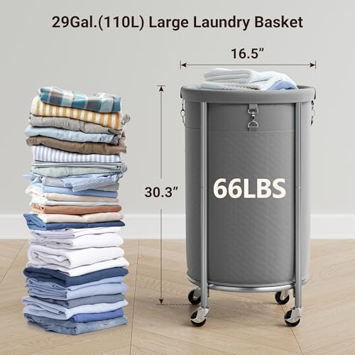 ELYKEN Laundry Basket with Wheels, Round Rolling Laundry Hamper, Gray - color: Gray, size: 110L