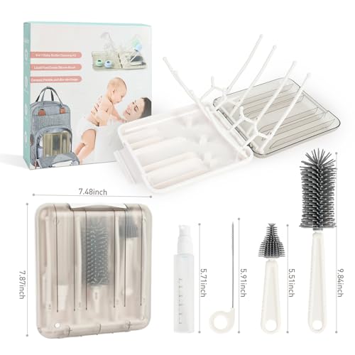 Travel Bottle Cleaner Kit, 6-in-1 Baby Bottle Brush Set with Silicone Brush - color: White