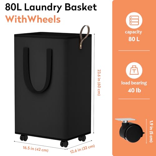 SpaceTrove Rolling Laundry Basket with Wheels, Laundry Hamper, 80L, Black - color: Black, size: 80L