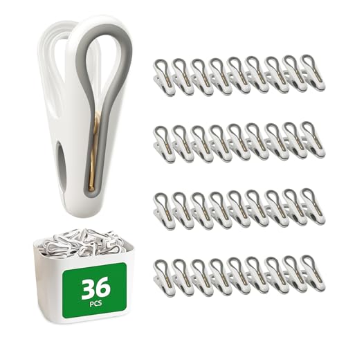 Plastic ClothesPins Heavy Duty Out door 36 Pack with Storage Box, 2.5-Inch Chip Clips with Non-Slip No-Trace Design for Laundry, Drying Clothes,Towels, Crafts, Picture, Food Clips, Home Use and Travel - color: White