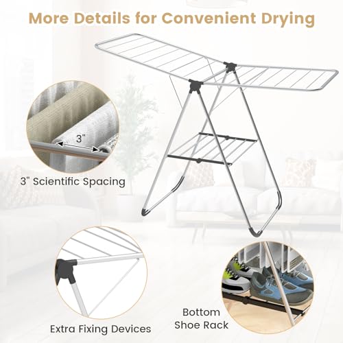 Tangkula 2-Level Collapsible Clothes Drying Rack w/Height-Adjustable Wings