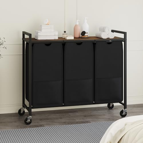 Laundry Sorter with Wheels, 3 Section, Rustic Brown Black - size: 3 Bags-120L / Rustic Brown + Black / w Wheels