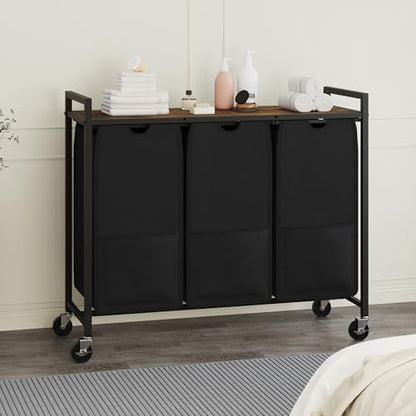 Laundry Sorter with Wheels, 3 Section, Rustic Brown Black - size: 3 Bags-120L / Rustic Brown + Black / w Wheels