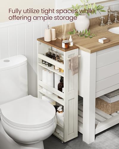 VASAGLE 4-Tier Slide-Out Storage Cart, Slim Kitchen Cart with Wheels - color: Rustic White + Honey Brown, size: 5.9"D