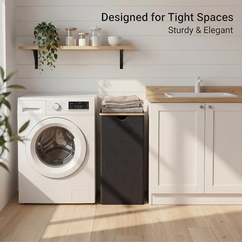 efluky Slim Laundry Basket with Lid, Narrow Laundry Hamper with Removable Bag, Skinny Dirty Clothes Basket with Bamboo Handles for Bathroom, Bedroom & Laundry Room, 90L Black - color: Black, size: 90L