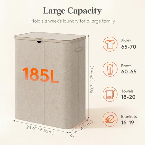 Lifewit 185L 3 Section Laundry Hamper with Lid, Laundry Basket, Beige - color: Beige, size: 185L