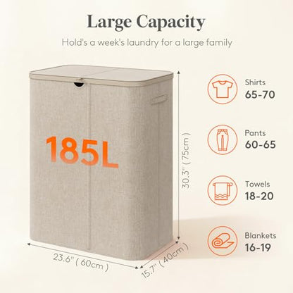 Lifewit 185L 3 Section Laundry Hamper with Lid, Laundry Basket, Beige - color: Beige, size: 185L