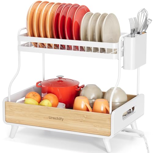 Urackify 2-Tier Stainless Steel&Bamboo Dish Rack for Kitchen Counter,White - color: White, size: 2 Tier