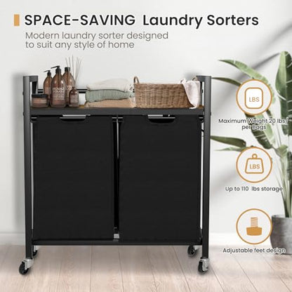 SwaaVee Laundry Sorter, Laundry Hamper with Wooden Top Shelf, 2×14.5Gal(110L), Metal Frame laundry basket with wheels, Pull out and Removable Laundry Bags, 2 Bags-Black - color: Black
