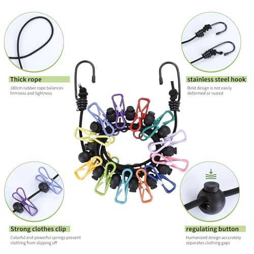 2 Pcs Camping Clothesline Portable 12 Clothespins, Camping Accessories Travel Clothesline for Outdoor Indoor, Retractable Clothes Line Elastic Clothesline, Windproof for Travel Camping Indoor Use