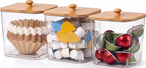 Coffee Pod Storage Containers with Bamboo Lid, BPA-Free Clear Coffee Pod Holder Organizer for K-Cup, Vertuo Pods, Coffee Creamer & Filters (3 PACK)