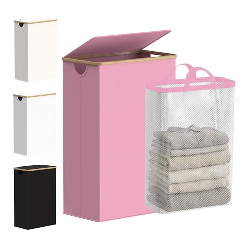 efluky Slim Laundry Basket with Lid, Narrow Laundry Hamper with Removable Bag, Skinny Dirty Clothes Basket with Bamboo Handles for Bathroom, Bedroom & Laundry Room, 75L Pink - color: Pink, size: 75L