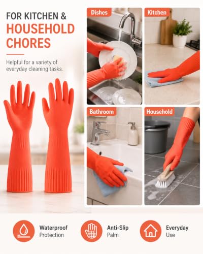 Disfore Rubber-Gloves Dishwashing Gloves for Cleaning-Kitchen - 2 Pairs Long Household Cleaning Gloves for Washing Dishes - color: Red, size: Large