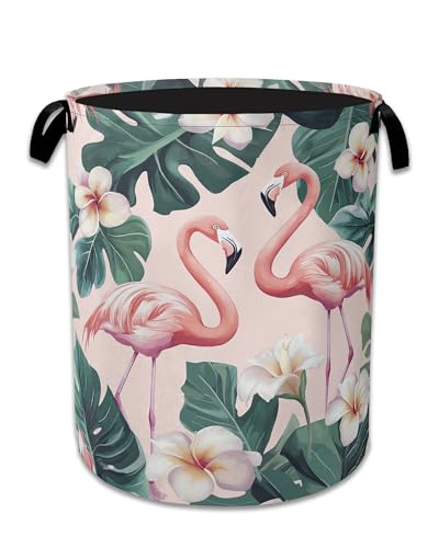 Pink Flamingo Laundry Basket,Foldable Waterproof Oxford Cloth Tote Bag Palm Leaf Laundry Hamper with Handles,20.8"x16" Clothes Storage Bucket Organizer for Laundry Room, Bathroom, Bedroom - color: Pink Flamingo Palm Leaf