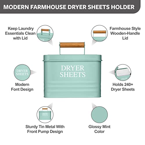 Calindiana Modern Farmhouse Metal Laundry Dryer Sheets Holder Fabric Softener Dispenser with Lid for Laundry Room Decor and Accessories and Space Saving Laundry Room Organization and Storage, Mint - color: Mint