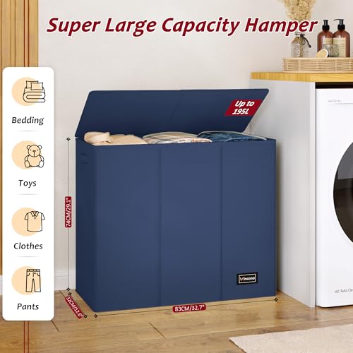 195L Laundry Hamper 3 Section,Large Laundry Hamper with Lid,Dirty Clothes Hamper with 3 Inner Bags,Collapsible Laundry Basket Organizer for Laundry Room,Laundry Sorter Hamper 3 Compartment(Blue) - color: Blue, size: 195L