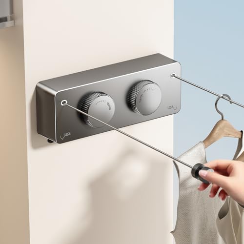 MUSTORN Retractable Clothesline Indoor, Non-Sagging Twin Clothes Line Retracting Outdoor Heavy Duty Clothes Drying Laundry Line Wall Mounted Stainless Steel Double Line-13.8 ft(Gray) - color: Gray